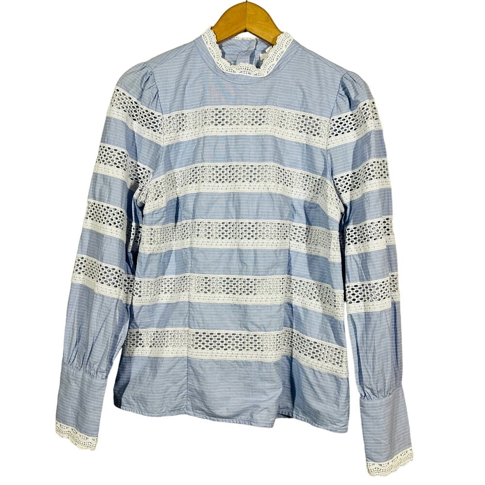 A loves A Lined Eyelet Statement Blouse Button Up Shirt Blue White Stripe - L